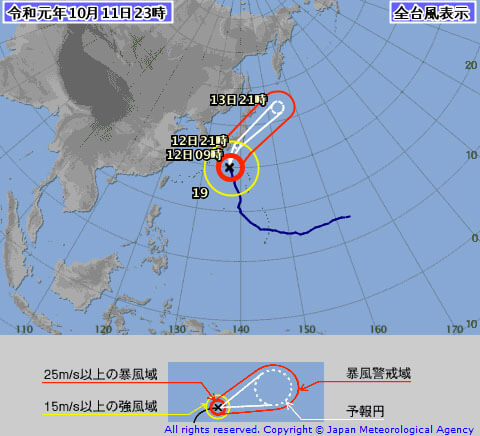 台風19号気象庁の進路10/11